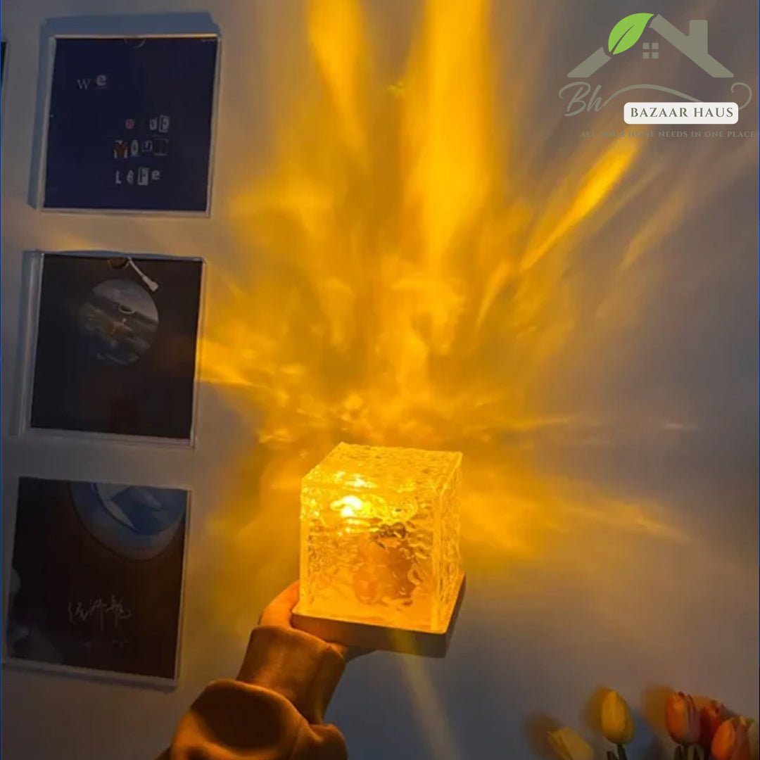 Dynamic Rotating Water Ripple Night Light | Flame Crystal Lamp with Remote - BazaarHaus