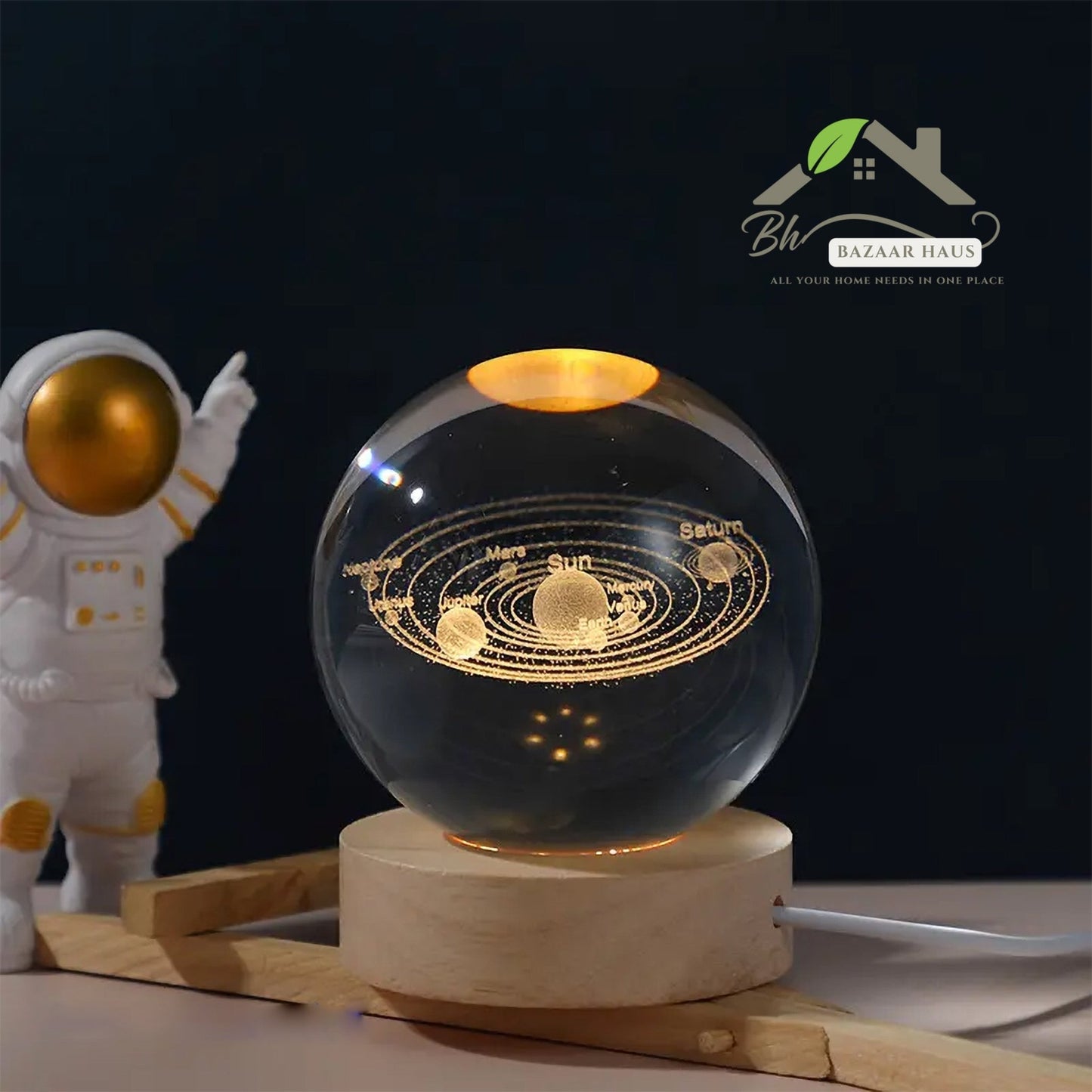 3D Galaxy Solar System Crystal Ball Night Light with Wooden Base | USB LED Lamp - BazaarHaus