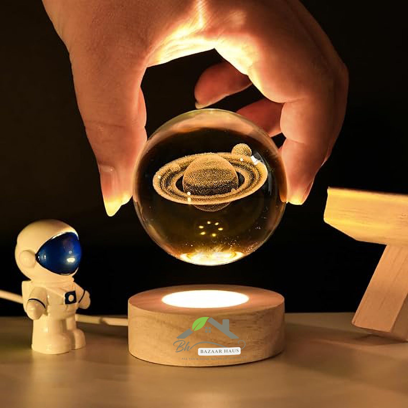 3D Galaxy Solar System Crystal Ball Night Light with Wooden Base | USB LED Lamp - BazaarHaus
