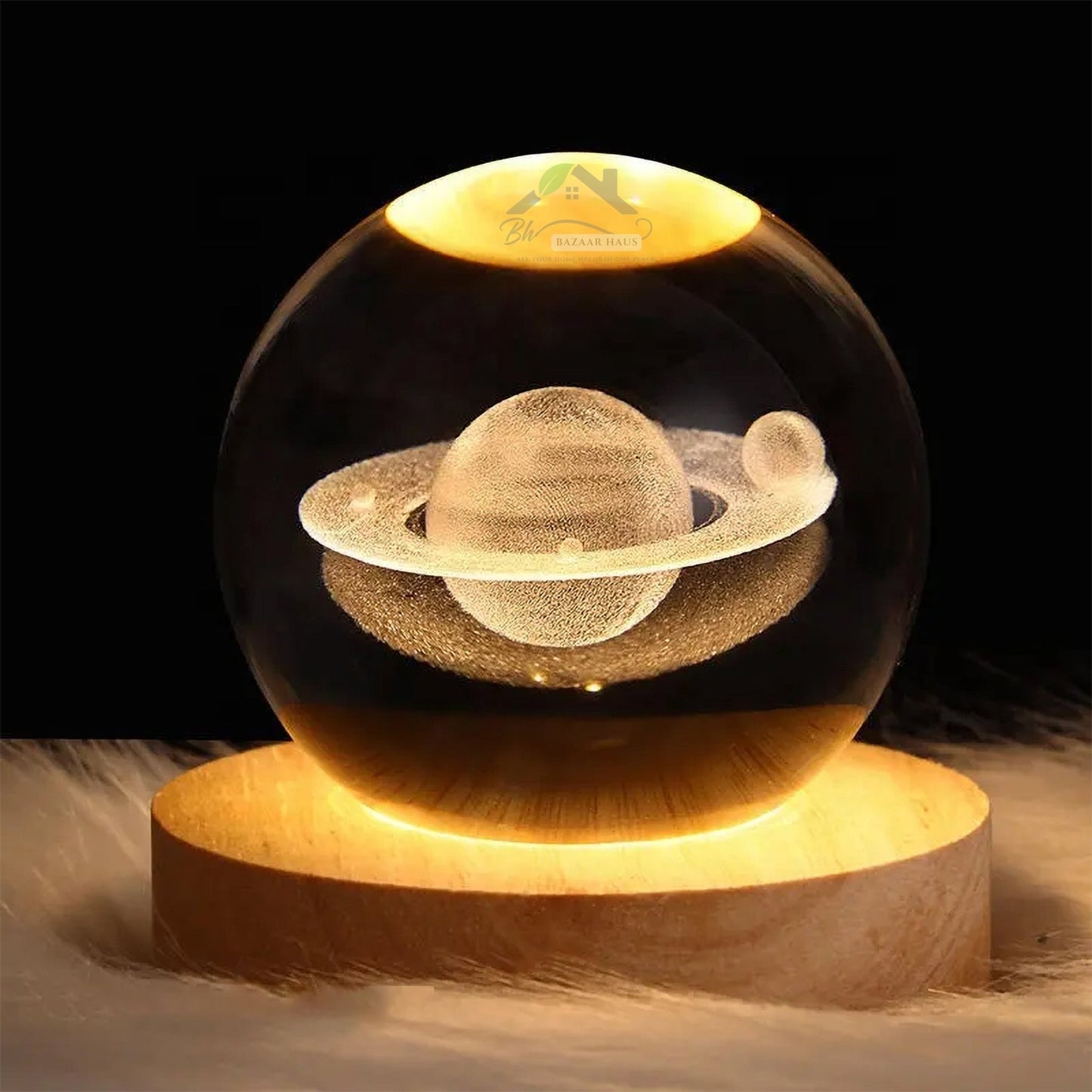 3D Galaxy Solar System Crystal Ball Night Light with Wooden Base | USB LED Lamp - BazaarHaus