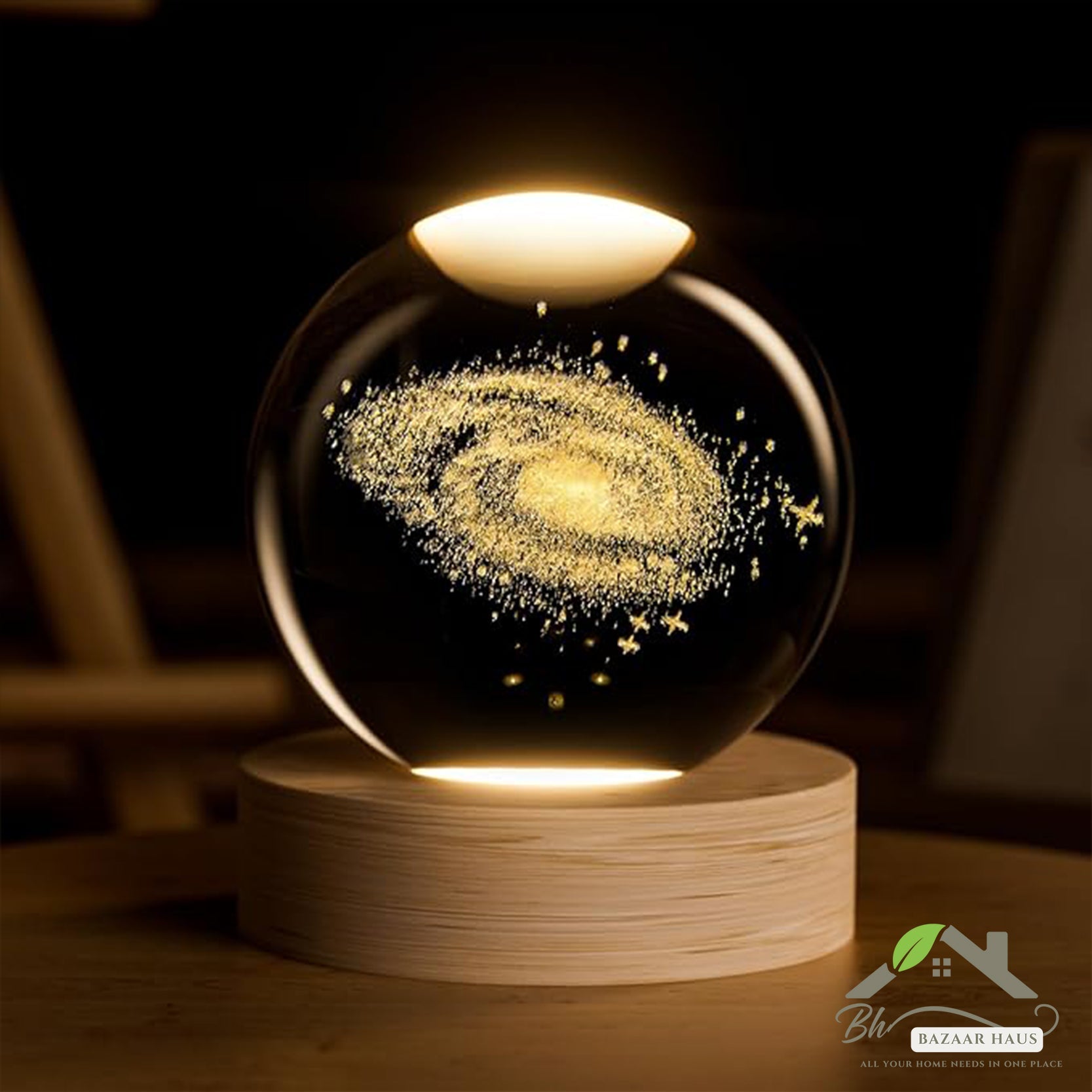 3D Galaxy Solar System Crystal Ball Night Light with Wooden Base | USB LED Lamp - BazaarHaus