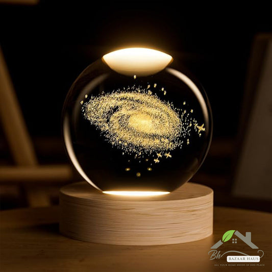3D Galaxy Solar System Crystal Ball Night Light with Wooden Base | USB LED Lamp - BazaarHaus