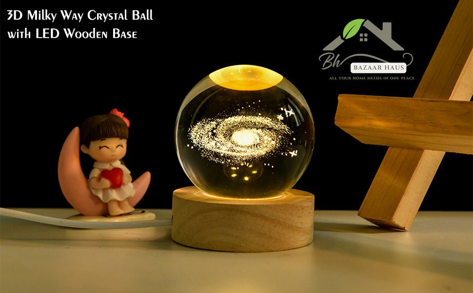 3D Galaxy Solar System Crystal Ball Night Light with Wooden Base | USB LED Lamp - BazaarHaus