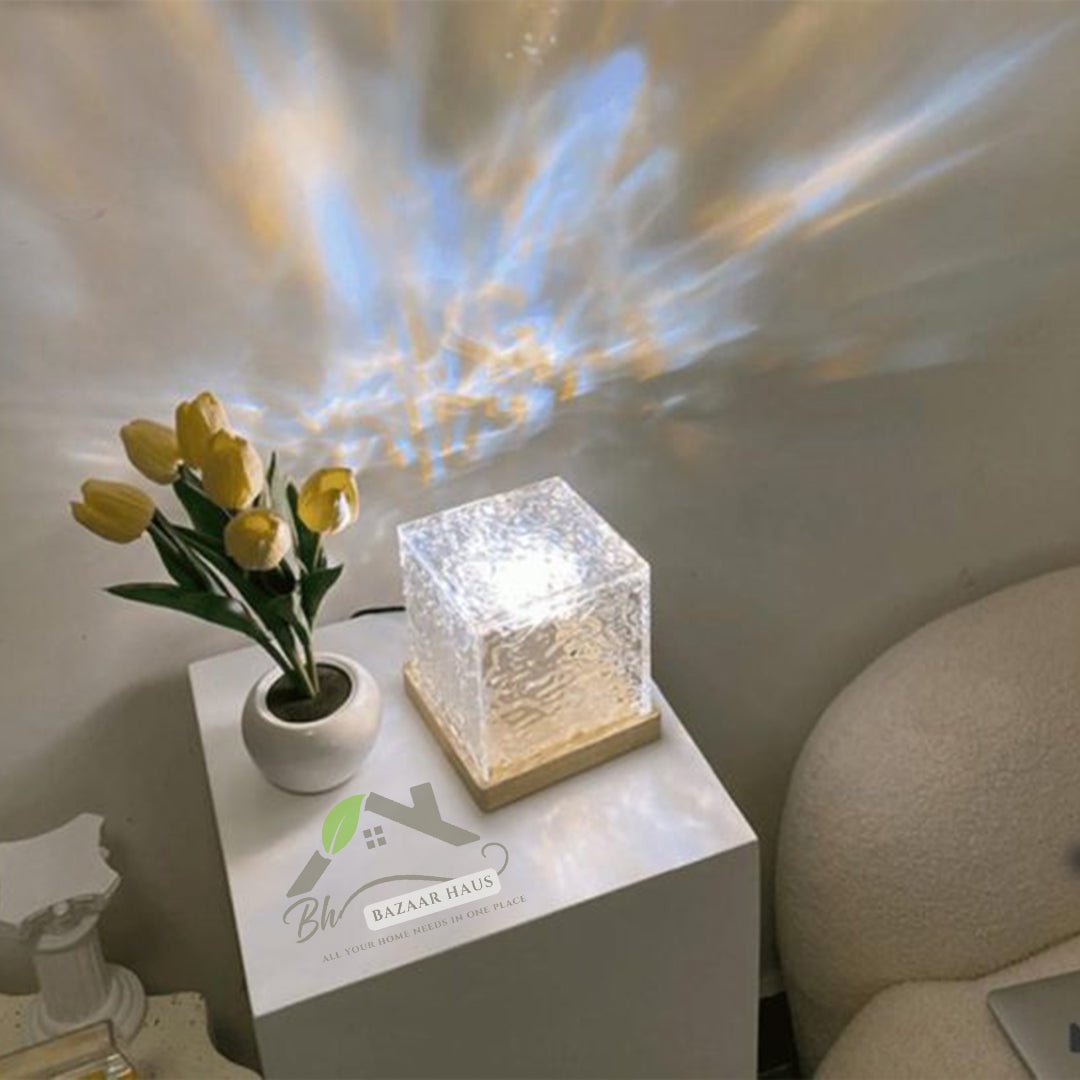 Dynamic Rotating Water Ripple Night Light | Flame Crystal Lamp with Remote - BazaarHaus