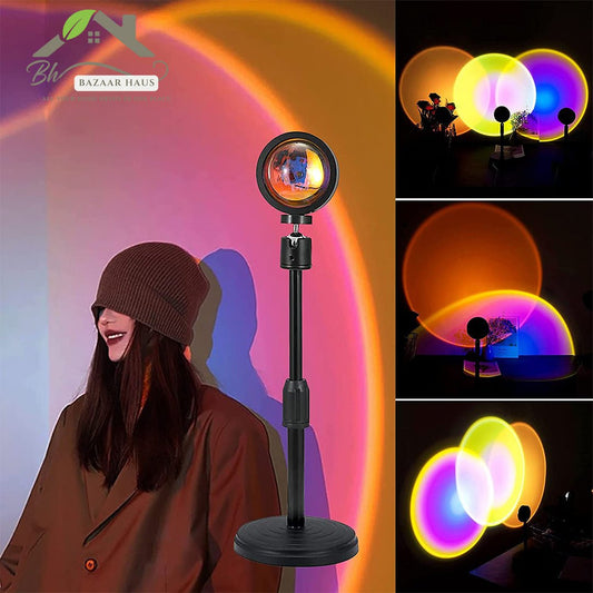 Multi - Color Sunset Lamp with Remote | 16 RGB Shades & 360° Rotation - BazaarHaus