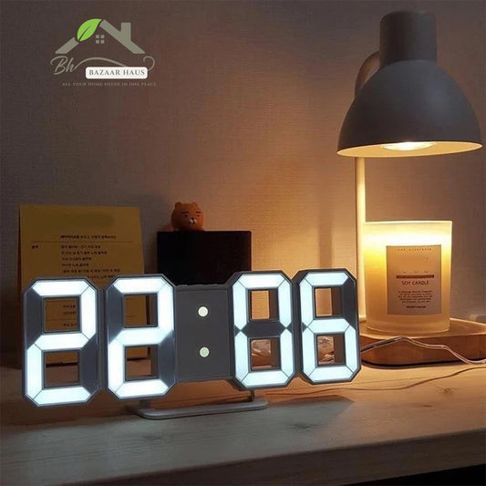 White 3D LED Digital Wall & Desk Clock | Modern Alarm Clock for Home & Office - BazaarHaus