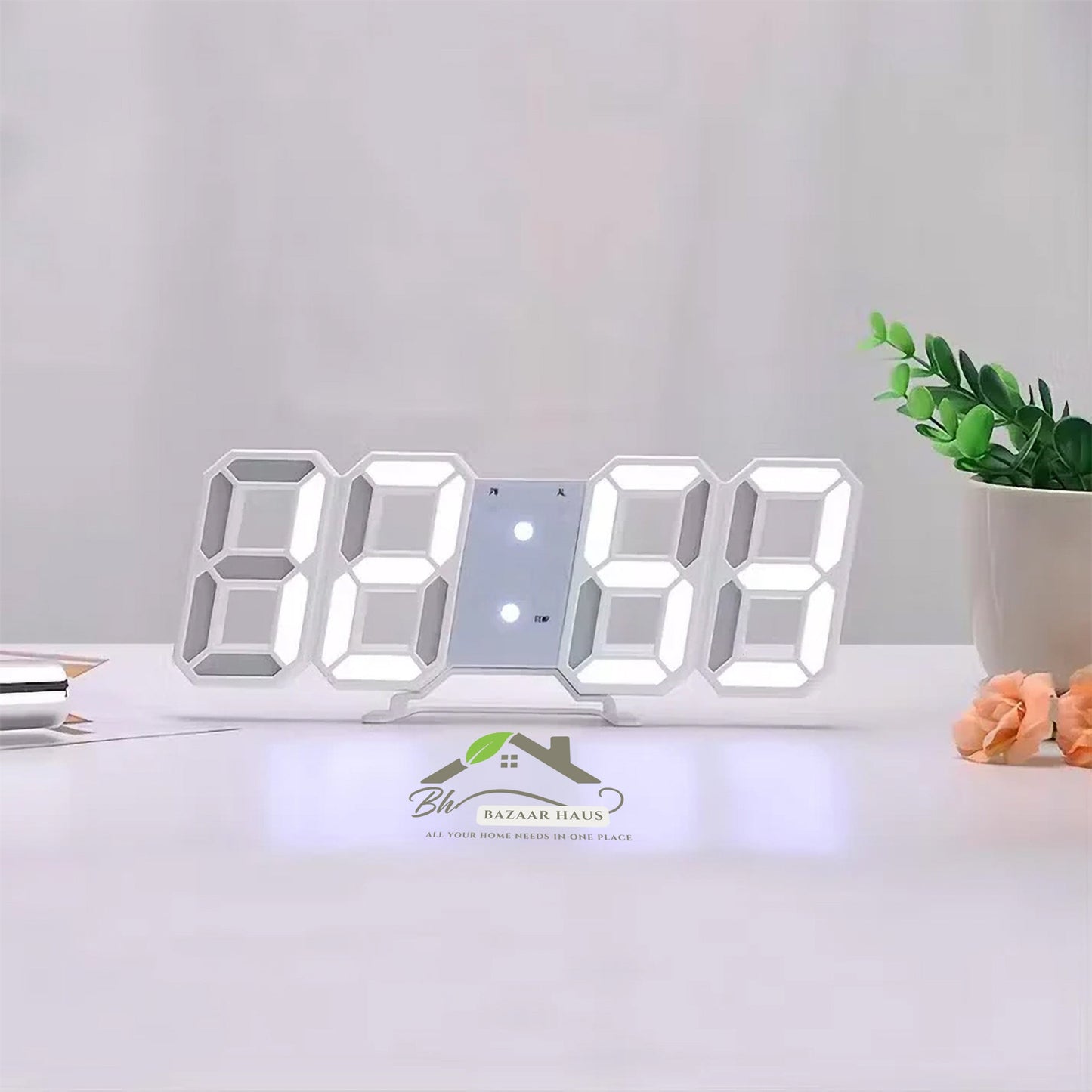 White 3D LED Digital Wall & Desk Clock | Modern Alarm Clock for Home & Office - BazaarHaus