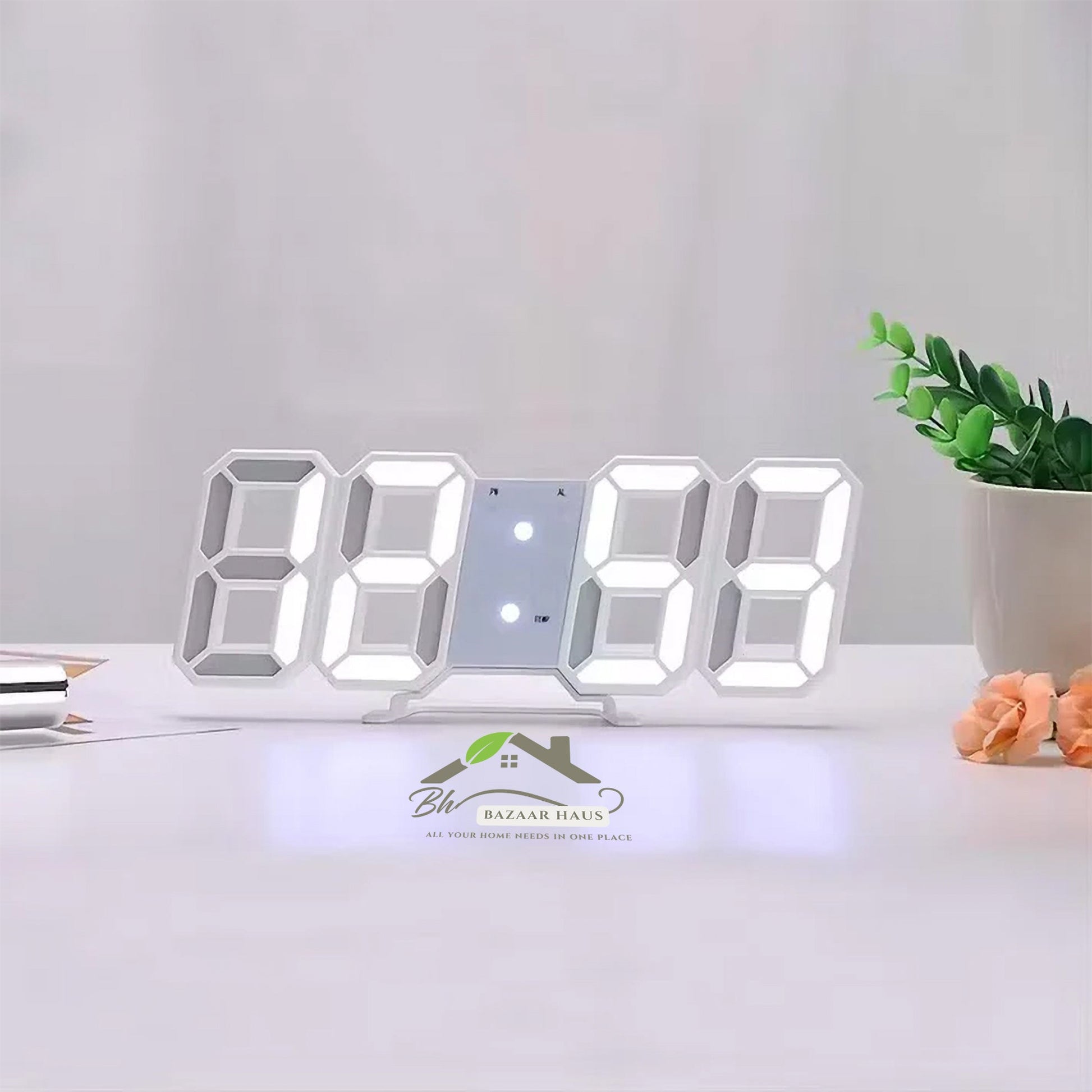 White 3D LED Digital Wall & Desk Clock | Modern Alarm Clock for Home & Office - BazaarHaus