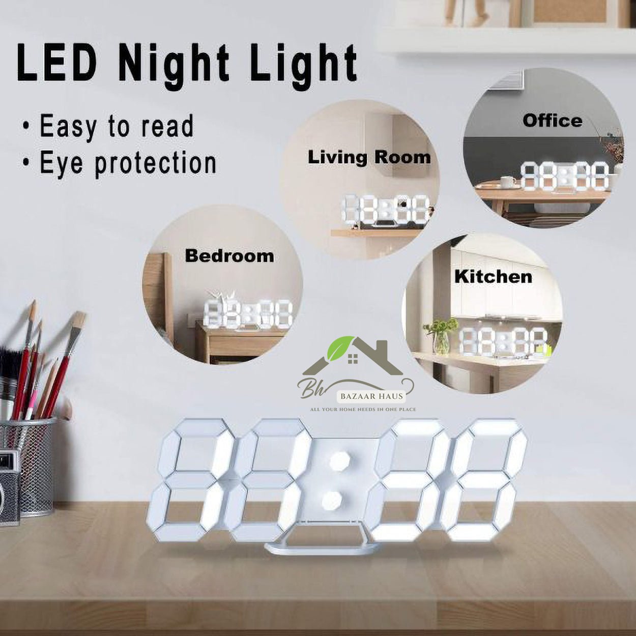 White 3D LED Digital Wall & Desk Clock | Modern Alarm Clock for Home & Office - BazaarHaus