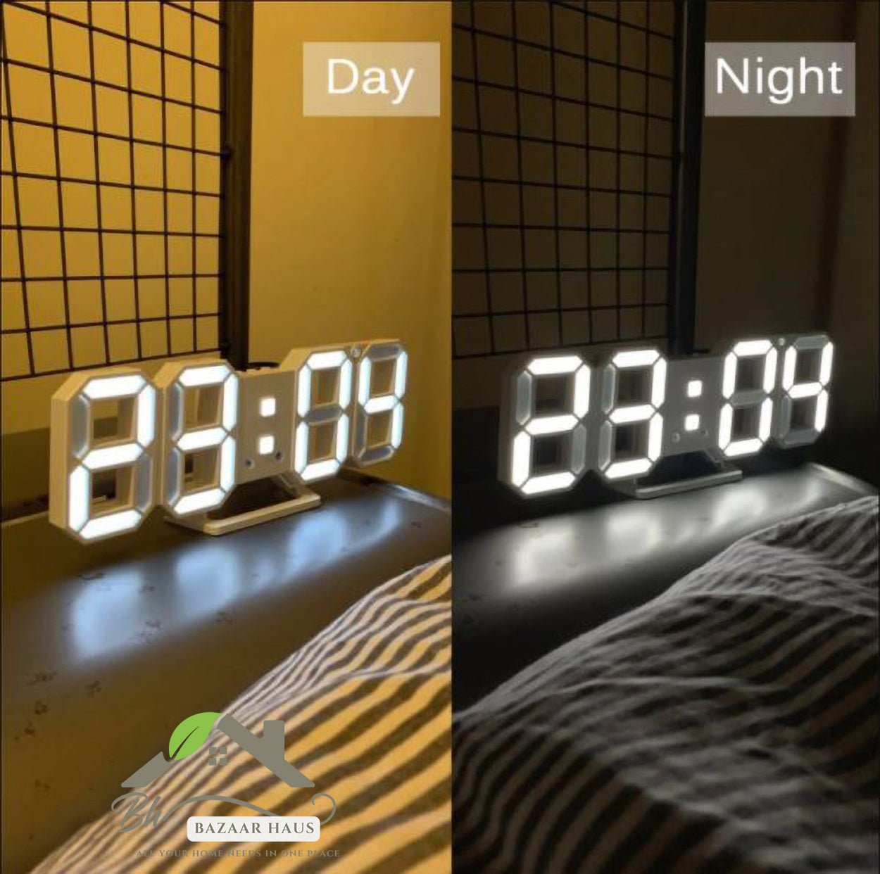 White 3D LED Digital Wall & Desk Clock | Modern Alarm Clock for Home & Office - BazaarHaus